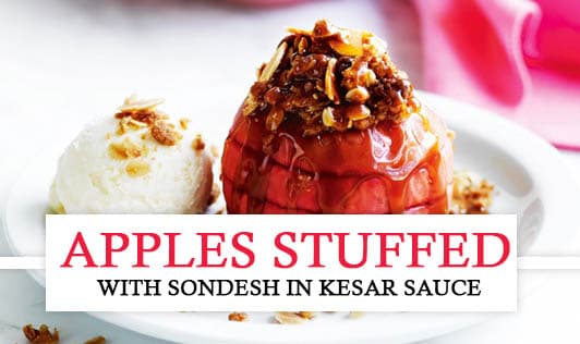 Apples Stuffed with Sondesh in Kesar Sauce